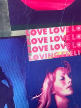 Load image into Gallery viewer, A close-up of a printed textile or poster-like surface featuring repeated pink 'LOVE' text on a white rectangular panel, alongside a stylized pink-toned portrait and blue abstract areas.