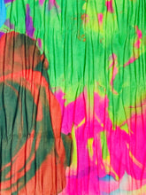 Load image into Gallery viewer, A close-up of a pleated fabric with a vibrant tie-dye pattern in neon green, hot pink, orange, purple, and dark green.