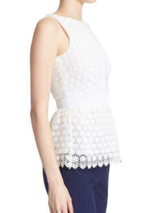 Diane Furstenberg Shirt Womens 12 White Sleeveless Peplum Hem Cotton Lace