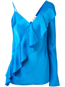 Diane Furstenberg Top Womens 10 Blue Sleeveless One Shoulder Ruffle Satin
