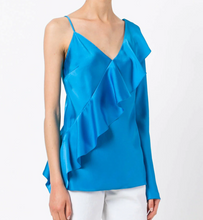 Load image into Gallery viewer, Diane Furstenberg Top Womens 10 Blue Sleeveless One Shoulder Ruffle Satin