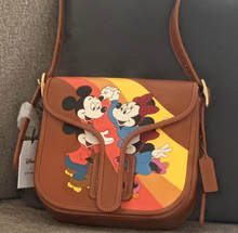 Load image into Gallery viewer, Disney Coach Courier Bag Mickey Minnie Mouse Brown Leather CQ801 Roller Skating