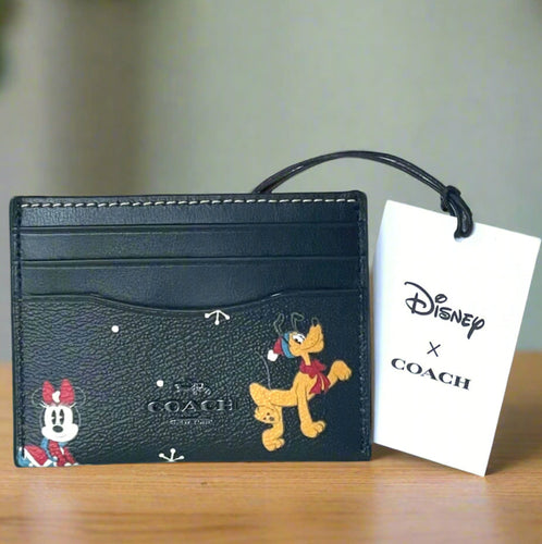 Disney x Coach Slim ID Card Case CN032 Black Holiday Minnie Pluto Limited Edition