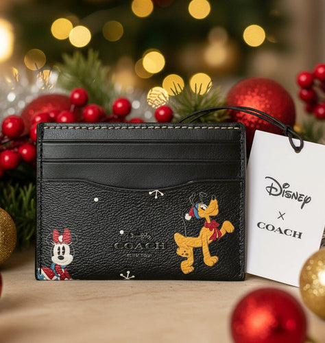 Disney x Coach Slim ID Card Case CN032 Black Holiday Minnie Pluto Limited Edition