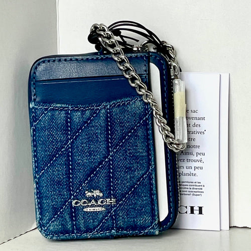 Coach CAR26 Quilted Zip Card Case Blue Denim Leather ID Wallet Chain Strap