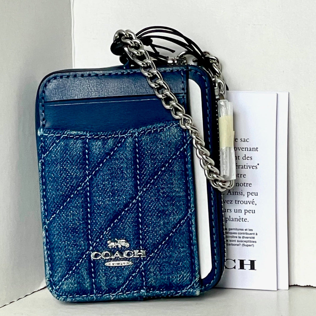 Coach CAR26 Quilted Zip Card Case Blue Denim Leather ID Wallet Chain Strap