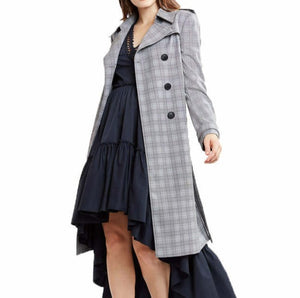 Elie Tahari Trench Coat Womens Extra Large Gray Double Breasted Plaid Belted Jacket