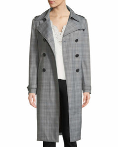 Elie Tahari Trench Coat Womens Extra Large Gray Double Breasted Plaid Belted Jacket