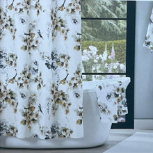 Load image into Gallery viewer, Floral curtains with a matching bath towel in a bathroom setting.