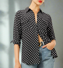 Load image into Gallery viewer, EquipmentSlimSignatureSilkShirtWomensBlackPolkadotButtonDownTop_2