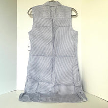 Load image into Gallery viewer, Blue and white striped sleeveless dress on a hanger against a white background