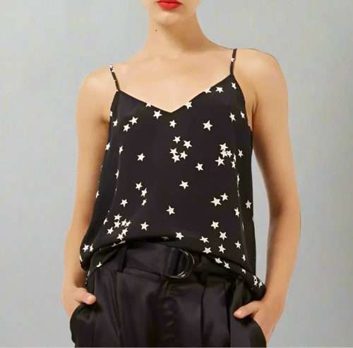 Equipment Layla Silk Camisole Large Black Star Print V Neck Tank Top Straps