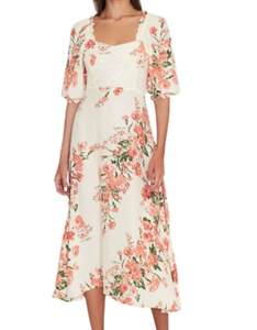 Faithfull The Brand Dress Womens White Floral Puff Sleeve A-Line Midi Bronte Magnolia