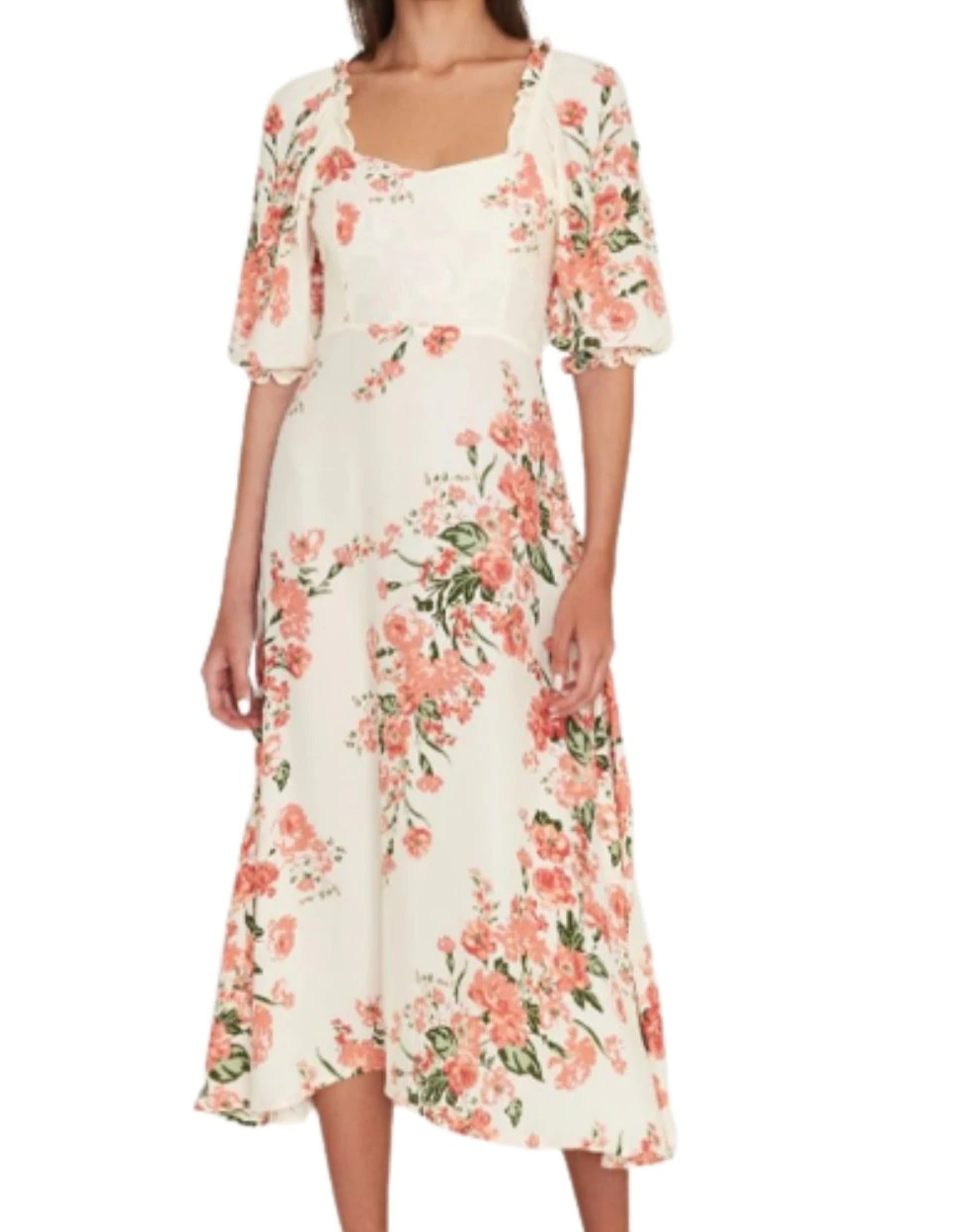 Faithfull The Brand Dress Womens White Floral Puff Sleeve A-Line Midi Bronte Magnolia