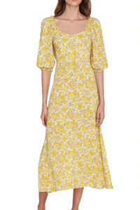 Faithfull The Brand Dress Womens Yellow Puff Short Sleeve Floral A-Line Midi Bronte