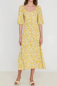 Faithfull The Brand Dress Womens Yellow Puff Short Sleeve Floral A-Line Midi Bronte