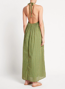 Faithfull The Brand Maxi Dress 10 Halter A-Line Green Cotton Check Rio Print, XL