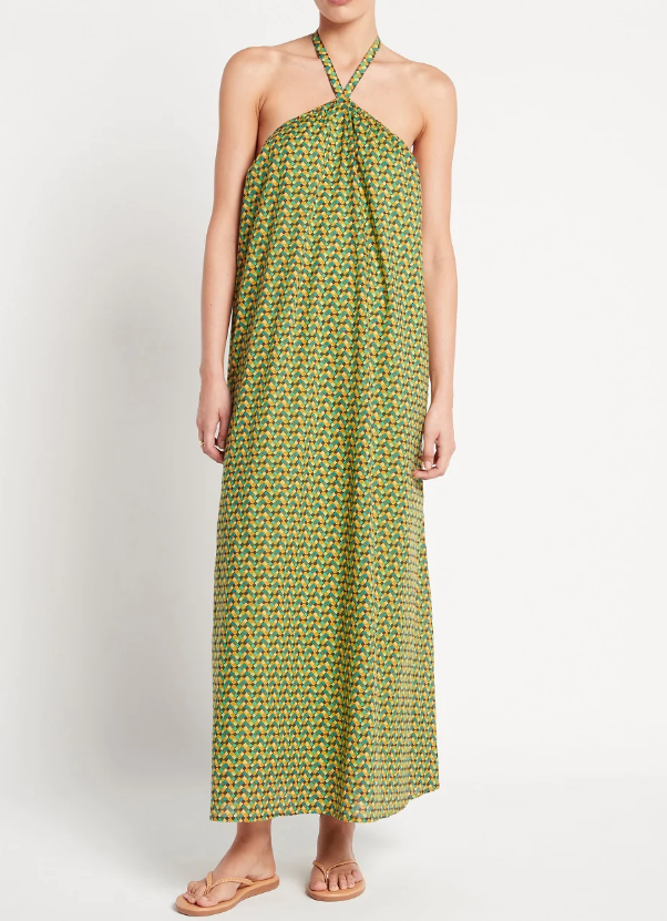 Faithfull The Brand Maxi Dress 10 Halter A-Line Green Cotton Check Rio Print, XL