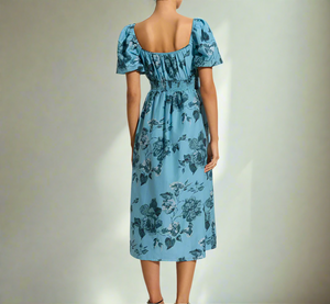 Faithfull The Brand Avera Floral Midi Dress Small Blue Cotton Short Puff Sleeve