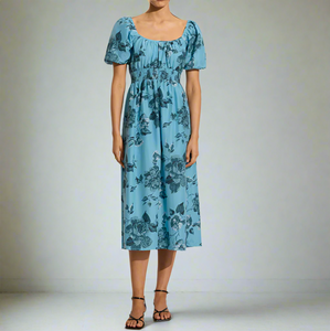 Faithfull The Brand Avera Floral Midi Dress Small Blue Cotton Short Puff Sleeve