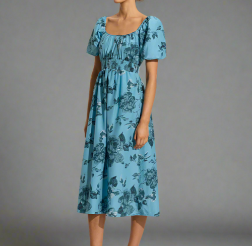 Faithfull The Brand Avera Floral Midi Dress Small Blue Cotton Short Puff Sleeve