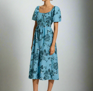Faithfull The Brand Floral Puff Sleeve Midi Dress Small Blue Cotton Short Avera Faithfull The Brand Floral Puff Sleeve Midi Dress Small Blue Cotton Short Avera
