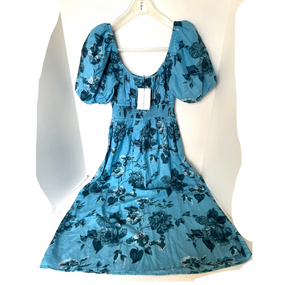 Faithfull The Brand Avera Floral Midi Dress Small Blue Cotton Short Puff Sleeve