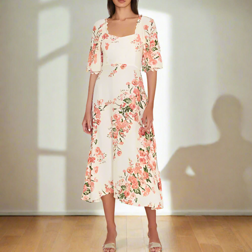 Faithfull The Brand Dress Womens White Floral Puff Sleeve A-Line Midi Bronte Magnolia