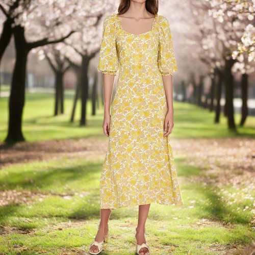 Faithfull The Brand Dress Womens Yellow Puff Short Sleeve Floral A-Line Midi Bronte