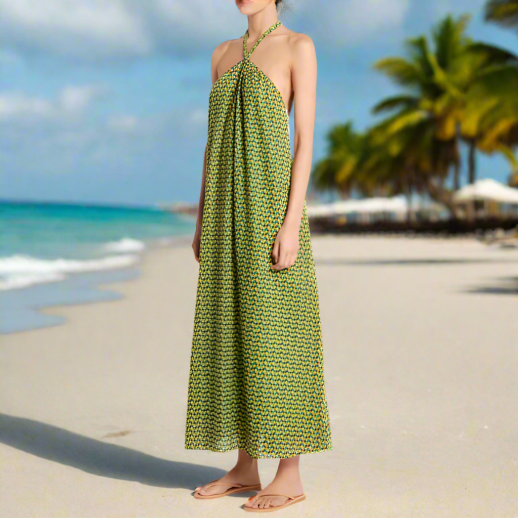 chinese dress ladies Faithfull The Brand Sleeveless Maxi Dress 10 Green Halter Cotton Check Summer