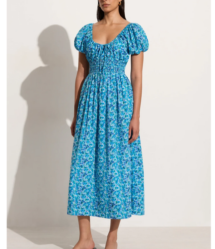 Faithfull The Brand Vineria Floral Midi Dress 12 Blue Cotton Short Puff Sleeve Lightweight