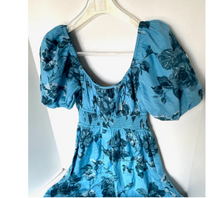 Load image into Gallery viewer, Faithfull The Brand Vineria Florl Midi Dress Small Blue Cotton Voile Short Puff Sleeve