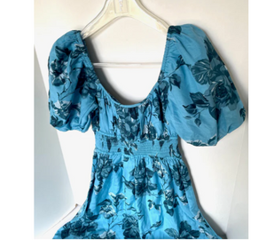 Faithfull The Brand Vineria Florl Midi Dress Small Blue Cotton Voile Short Puff Sleeve