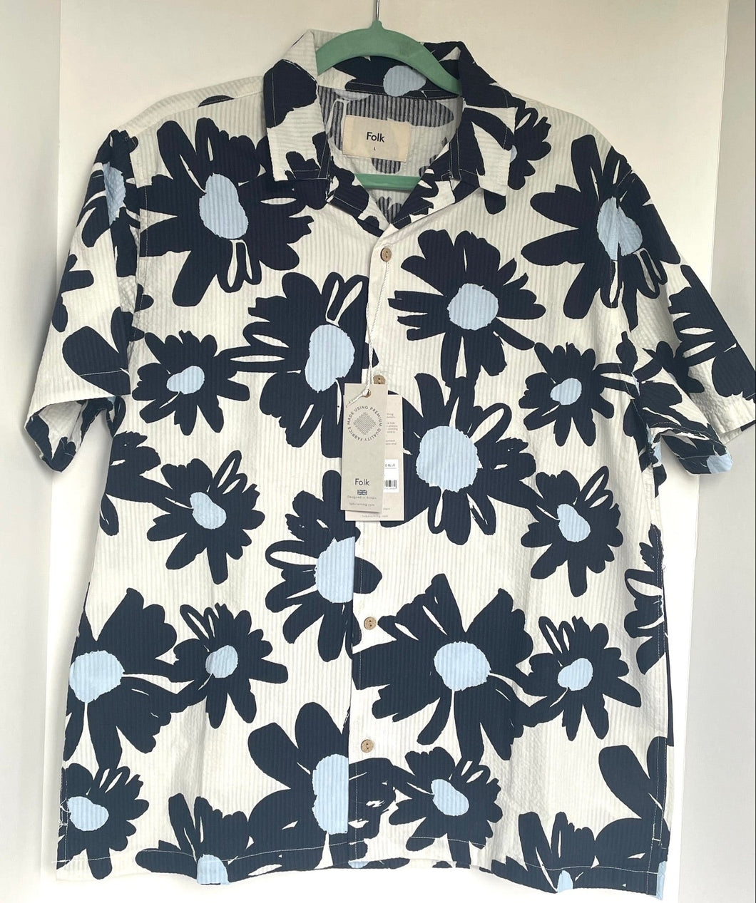 Folk Clothing Shirt Mens Large Cotton Blue Floral Hawaiian Ivory Cotton March SS