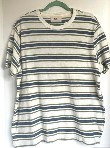 Folk Radcliffe Shirt Mens Large Cotton Blue Striped Ivory T-Shirt Relaxed fit