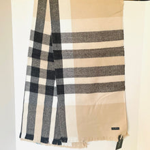 Load image into Gallery viewer, Plaid scarf with beige, black, and white colors on a white background