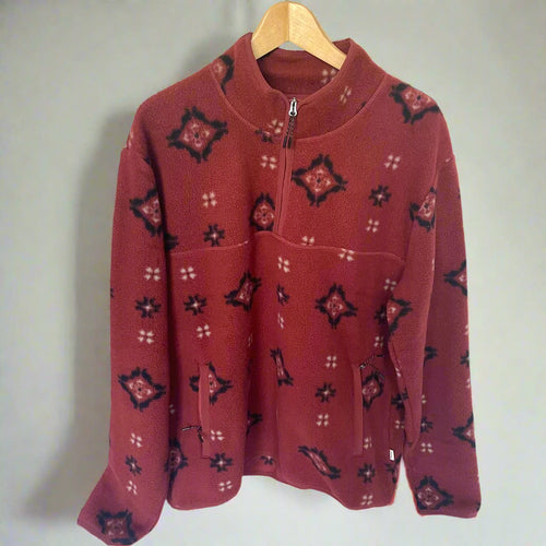 Frank And Oak Half Zip Polar Fleece Mens XL Red Relaxed Fit Geo Pattern Sweatshirt
