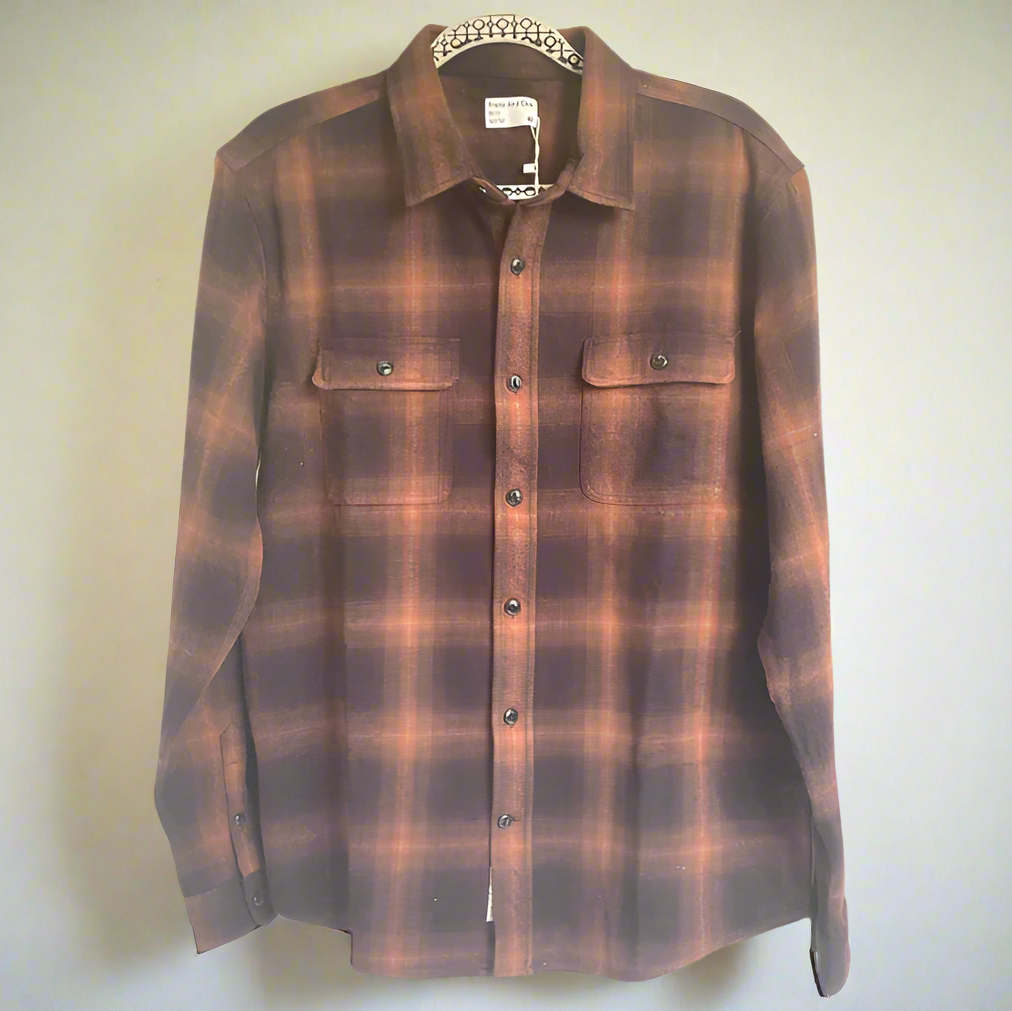 Frank and Oak Kapok Over Shirt Mens Medium Brown Plaid Flannel Jacket Cocoa