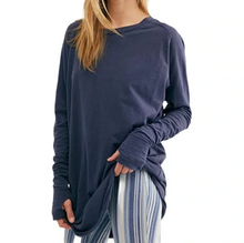 Load image into Gallery viewer, Person wearing a navy blue long-sleeve top with a white background