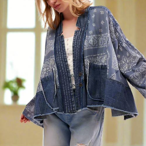 Free People Bandana Dreams Bed Jacket Festival Kimono Blue Lightweight Top