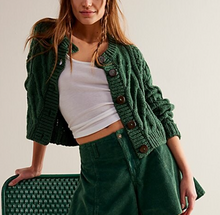 Load image into Gallery viewer, Free People Bonfire Cable Knit Cardigan Green Crop Oversized Cozycore