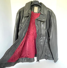 Load image into Gallery viewer, Gray leather jacket with red lining on a white background