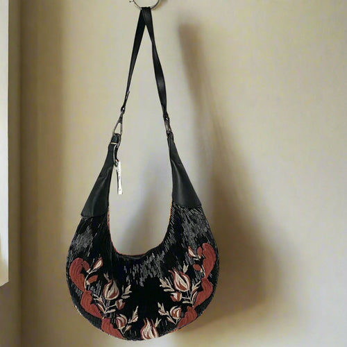 FreePeopleBugleBeadClutchSlingBagBlackFloralEmbroideredShoulderBag