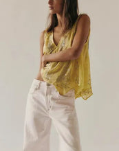 Load image into Gallery viewer, Free People Ibiza Night Beaded Boho Top Yellow Asymmetric Large