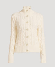 Load image into Gallery viewer, An off-white cable-knit mock-neck cardigan sweater with a button-up front, displayed on a neutral light gray background.