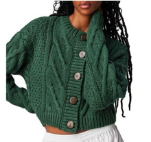 Load image into Gallery viewer, Free People Bonfire Cable Knit Cardigan Green Crop Oversized Cozycore