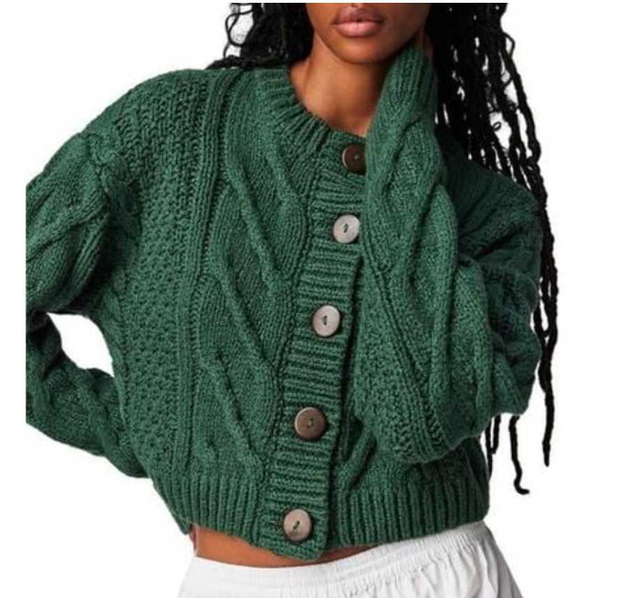 Free People Bonfire Cable Knit Cardigan Green Crop Oversized Cozycore