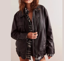 Load image into Gallery viewer, Person wearing a black leather jacket over a plaid shirt on a plain background