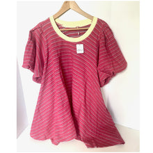Load image into Gallery viewer, Red striped shirt with yellow trim on a hanger against a white background