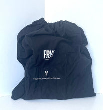 Load image into Gallery viewer, A black drawstring storage bag or pouch with white printed branding, including the text 'Frye' and a stylized 'F' logo, photographed against a white corner background.